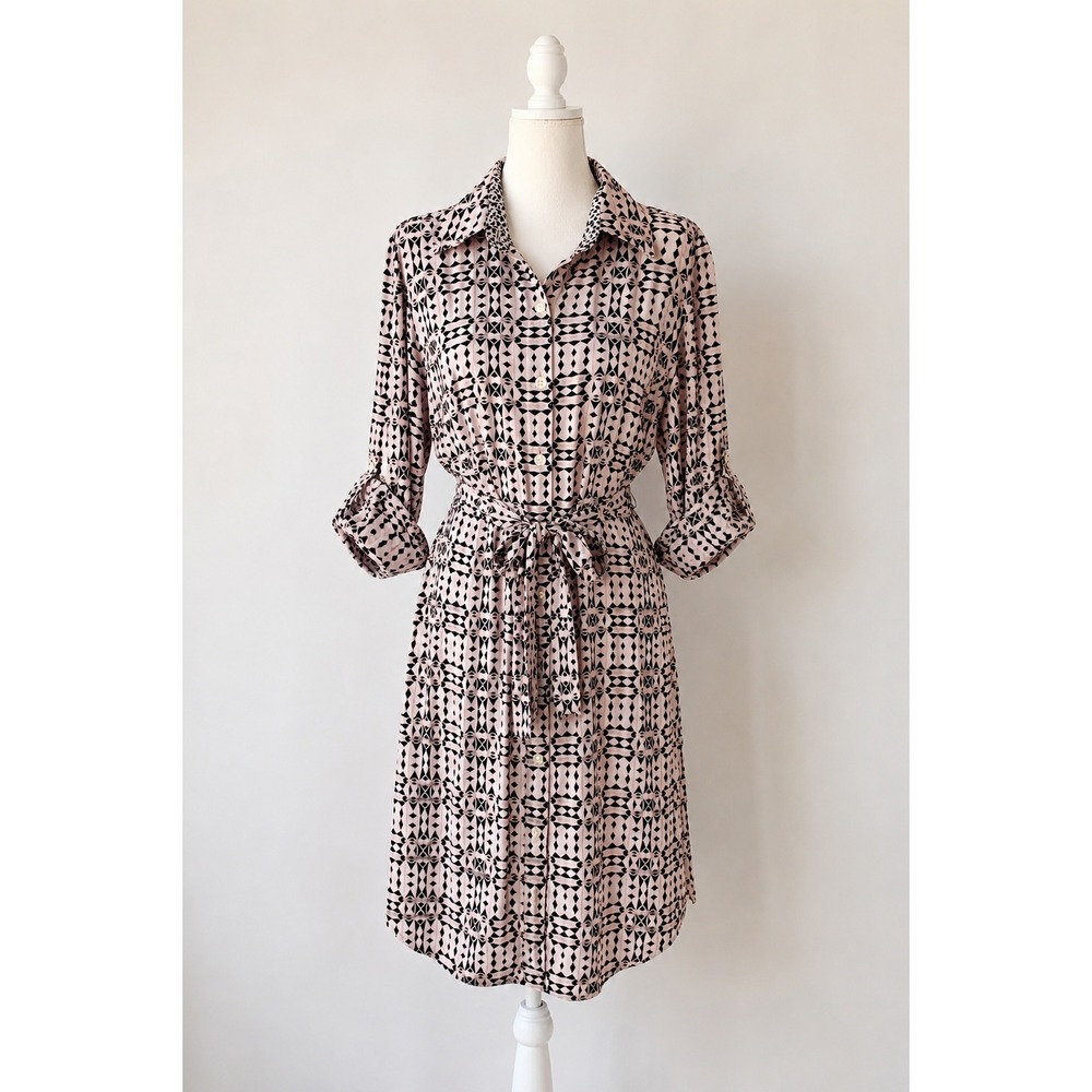 CAbi 784‎ Colony Club M Mauve Geometric Print Crepe Button Down Dress Roll Tab